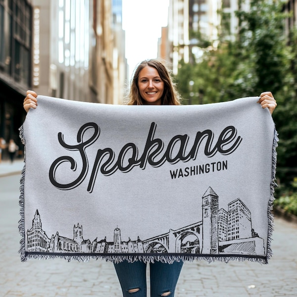 Coperta Spokane Washington City / Coperta intrecciata regalo, Skyline della città in bianco e nero, Decorazione per la casa divertente, Regalo morbido e accogliente della città
