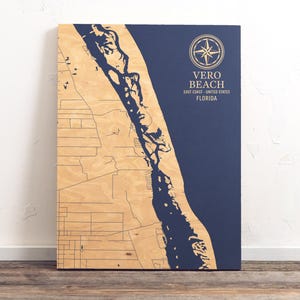Kaart Vero Beach, Florida | Gegraveerd houten bord kustmuur, huisdecor strandhuis nautische print, uniek gepersonaliseerd familiecadeau