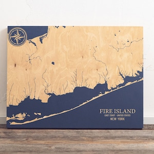 Fire Island, New York Karte | "Graviertes Holz Küstenkarte Wand Kunst Zeichen, Strand Wohnkultur nautischen Druck, einzigartiges personalisiertes Geschenk für die Familie