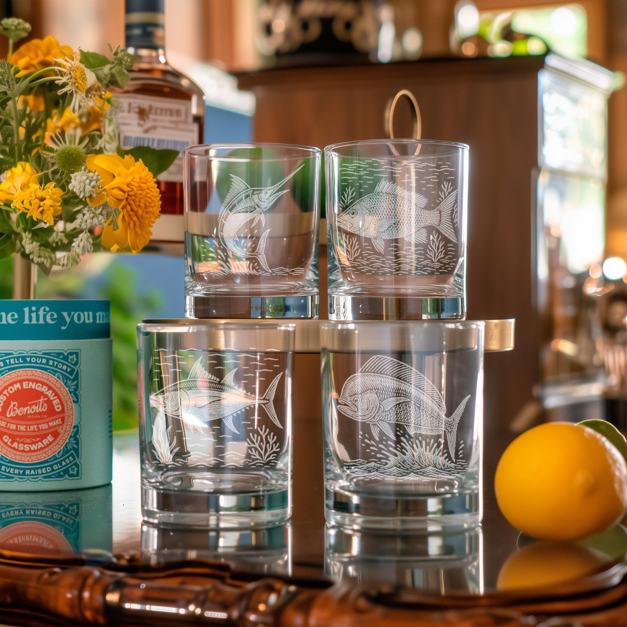 Vasos De Cristal Con Peces Y Borde Azul - Juego De 4 Piezas, Decoración Marina Para Casa, Playa O Picnic