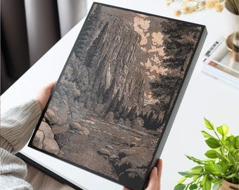 El Capitan Yosemite Scene Wall Art | Engraved Wood Lithograph Illustration, California Home Decor, Rock Climber Gift, National Park Print,