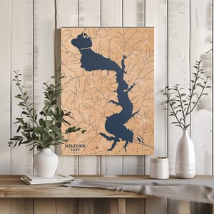 Milford Lake Kansas | Benutzerdefinierte See Karte Wohnkultur, personalisierte See Haus Geschenk, Jahrestag Hochzeitslager Geschenk, gravierte Holz Wandkunst
