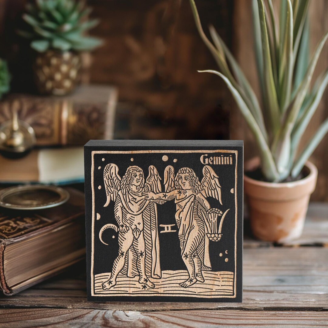 Gemini Zodiac Engraved Birch Wood Panel | Block Print Style Wall