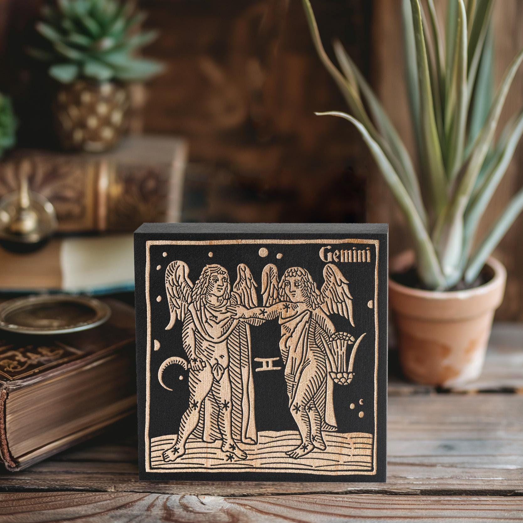 Gemini Zodiac Engraved Birch Wood Panel | Block Print Style Wall