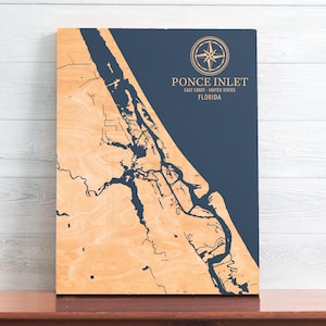 Kaart Ponce Inlet, Florida | Gegraveerd houten bord kustmuur, huisdecor strandhuis nautische print, uniek gepersonaliseerd familiecadeau