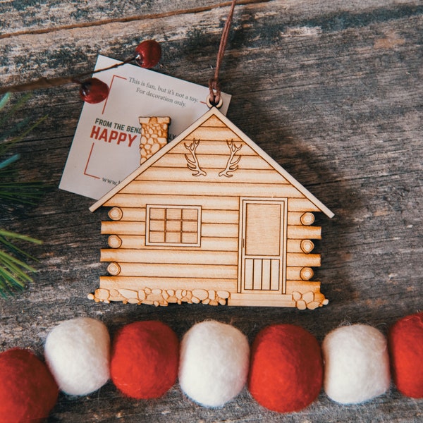 Classic Log Cabin Ornament | Handmade, laser engraved wood mountain home Christmas ornament. USA Made, Benoit's Design Co