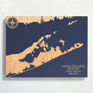 Mapa de Long Island Sound, Nueva York / Carta costera de madera grabada, letrero de pared, decoración de playa para el hogar, impresión náutica, regalo familiar personalizado único
