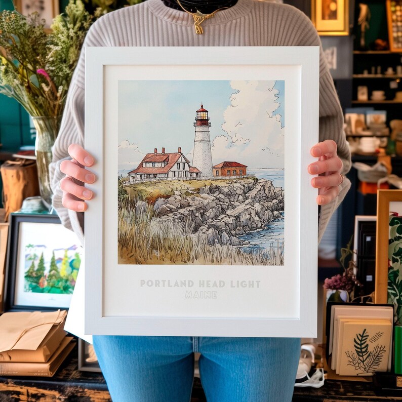 Portland Head Light Wall Art Print - Pen Ink & Watercolor Lighthouse ...