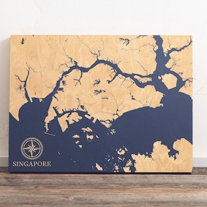 Singapur Karte | "Graviertes Holz Küsten Karte Wand Kunst Zeichen, Strand Haus Wohnkultur Nautik Asien Druck, einzigartiges personalisiertes Geschenk für die Familie