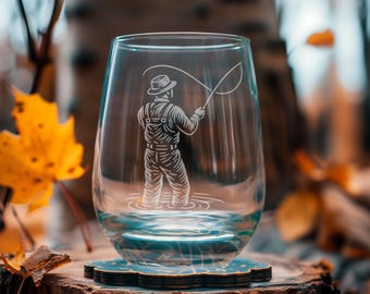 Vasos para pescadores con mosca / Cristalería personalizada grabada para cerveza, whisky, vino y cócteles. Regalo ideal para amantes de la pesca. Artículos de bar para acampar y decoración del hogar.