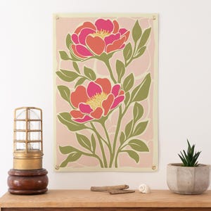 Filz Wimpelkette Pfingstrose | Floral Wand Kunst Print, große Wandkunst, Geschenke im Boho-Stil, Garten Haus Akzent, lustige Mädchen Raum Akzent Kunst, niedliche Geschenke