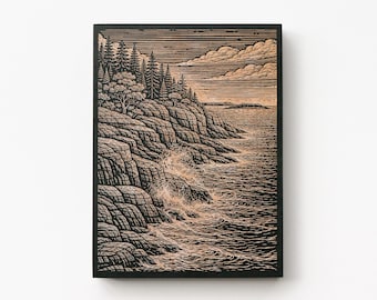 Acadia National Park Engraved Birch Art Panel | Maine Coast Wood Wall Art, Coastal Landscape Gift, Cabin Decor