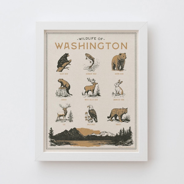 Lámina artística de Washington Wildlife Wall: Diseño de póster vintage de animales, impresión artística mate de calidad de archivo. Regalo estatal para exteriores.