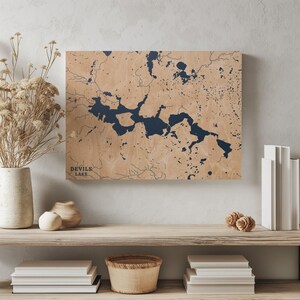 Teufels See North Dakota | Benutzerdefinierte See Karte Wohnkultur, personalisierte See Haus Geschenk, Jahrestag Hochzeitslager Geschenk, gravierte Holz Wandkunst