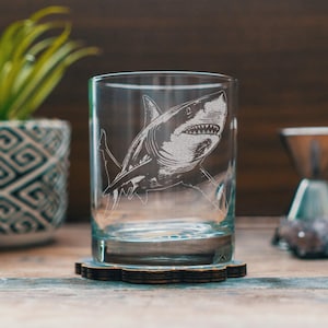 Great White Shark Glasses | Personalized Whiskey, Wine & Beer Etched Glassware, Shark Enthusiast Gift, Marine Ocean Life, Fishing Drinkware