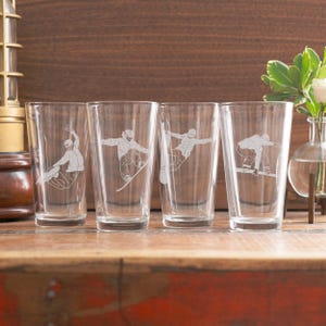 Snowboard Tricks Glasses Set of 4 | Personalized Beer, Cocktail, Whiskey, Wine glassware. Snowboarder Gift. Mountain Lifestyle cabin decor