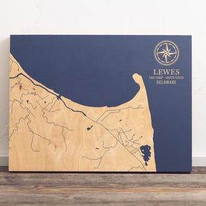 Lewes, Delaware Karte | Küsten Kunst Holzschild, Strandhaus Wohnkultur Wandbehang Wasserdruck Einzigartiges personalisiertes Geschenk für die Familie