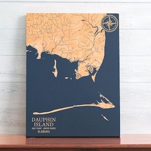 Mapa de Dauphin Island, Alabama / Letrero costero de madera grabado, decoración de playa para colgar en la pared, impresión de vida náutica, regalo familiar personalizado
