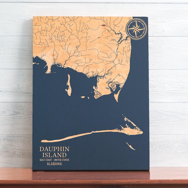 Dauphin Island, Alabama Map  | Engraved Wood Coastal Art Sign, Beach Home Decor Wall Hanging, Nautical Life Print, Personalized Family Gift