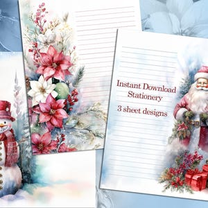 Puede incluir: Juego de papelería de acuarela con tema invernal, con un muñeco de nieve, Papá Noel y diseños florales. El juego incluye papel rayado. El texto en la papelería dice "Descarga instantánea de papelería, 3 diseños de hojas."