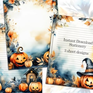 May include: Watercolor stationery set with pumpkins, autumn leaves, and a spooky house. The design includes lined and unlined paper with the text "Instant Download Stationery, 3 sheet designs". The colour palette includes orange, blue, and yellow.