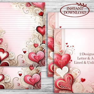 May include: Pink stationery set with red and pink heart designs and decorative swirls. The set includes lined and unlined letter paper and a card. The text "Instant Download" and "2 Designs Letter & A4 Lined & Unlined" are visible.
