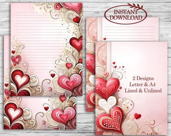 Valentine Hearts Printable Stationery: Instant Download.  US Letter and A4, Lined and Unlined