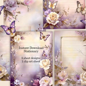 Papelería imprimible con diseño floral de acuarela de ensueño. Descarga instantánea. 5 páginas para diario basura y clip art. Tamaño carta (EE. UU.) y A4. Con y sin rayas.