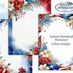 May include: Watercolor stationery set with patriotic floral designs in red, white, and blue. The set includes lined paper and a sheet with the text "Instant Download Stationery, 3 sheet designs". The image also includes the text "Instant Download".