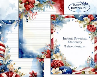 Papelería imprimible con motivos florales en rojo, blanco y azul. Descarga digital (tamaños Carta y A4, con y sin líneas).