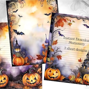 May include: Halloween-themed stationery set featuring three designs. Each design includes a jack-o'-lantern, bats, and a spooky castle. The text "Instant Download Stationery" and "3 sheet designs" is visible on one sheet. The color palette includes orange, purple, and black.