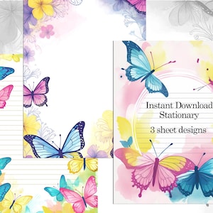 Carta da lettere stampabile con farfalle acquerellate. Download immediato. 3 design per diari spazzatura. Carta da lettere. Formato lettera USA e A4. A righe e senza righe.