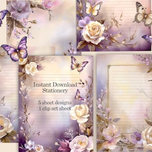 May include: Digital stationery set featuring floral and butterfly designs in shades of purple, white, and gold. The set includes lined and unlined paper, with the text "Instant Download Stationery" and details about the included designs.