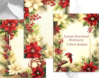 Christmas Floral Printable Stationery. Digital Download (Letter and A4, Lined-Unlined)