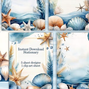 Papelaria para impressão em aquarela com tema de fundo do mar. 5 páginas de diário e clip art. Download instantâneo. Carta - A4. Com ou sem pauta.