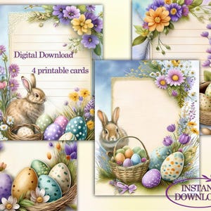 May include: Four printable Easter cards featuring watercolor illustrations. Each card showcases a bunny, decorated eggs, and floral arrangements in shades of purple, yellow, and blue. The cards have a vintage aesthetic with the text "Digital Download" and "Instant Download".