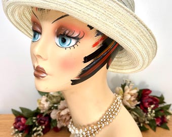 Ladies Ivory Straw Cloche Bowler Sun Hat by August, Like New