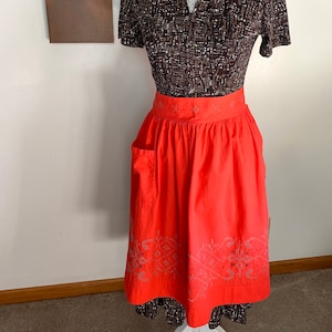 Vintage Handmade Orange Apron with Crosstitch
