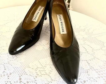 Vintage Evan Picone Black Patent Leather Heels, Size 8N
