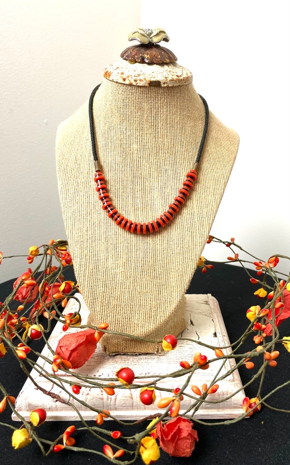 Vintage Boho Orange and Black Bead Necklace, 17" - image 1