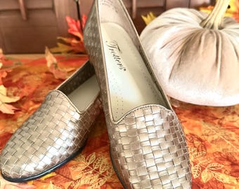 Vintage Trotters Liz Woven Pewter Leather Comfort Flats, Size 7M