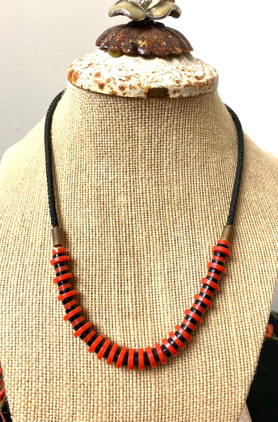 Vintage Boho Orange and Black Bead Necklace, 17" - image 2