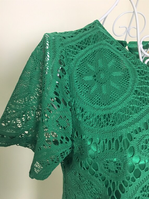 Vintage Green Lace Mini Dress/Tunic, Size L, 1970s - image 6