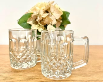 Vintage Diamond Cut Clear Glass 8 ounce Mugs, Set of Two