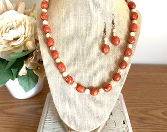 Vintage Early Art Deco Coral Nuggets and Mother of Pearl 21" Necklace and Earrings, 1930s
