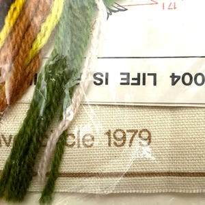 May include: A close-up of a cross-stitch kit with a beige canvas, brown and green embroidery floss, and the text "1004 LIFE IS" and "Circle 1979".