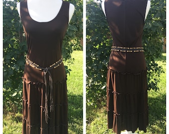 Vintage Brown Polyester Dress with Tiered Skirt, Size 10, Studio Connection