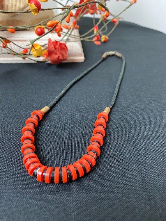 Vintage Boho Orange and Black Bead Necklace, 17" - image 5