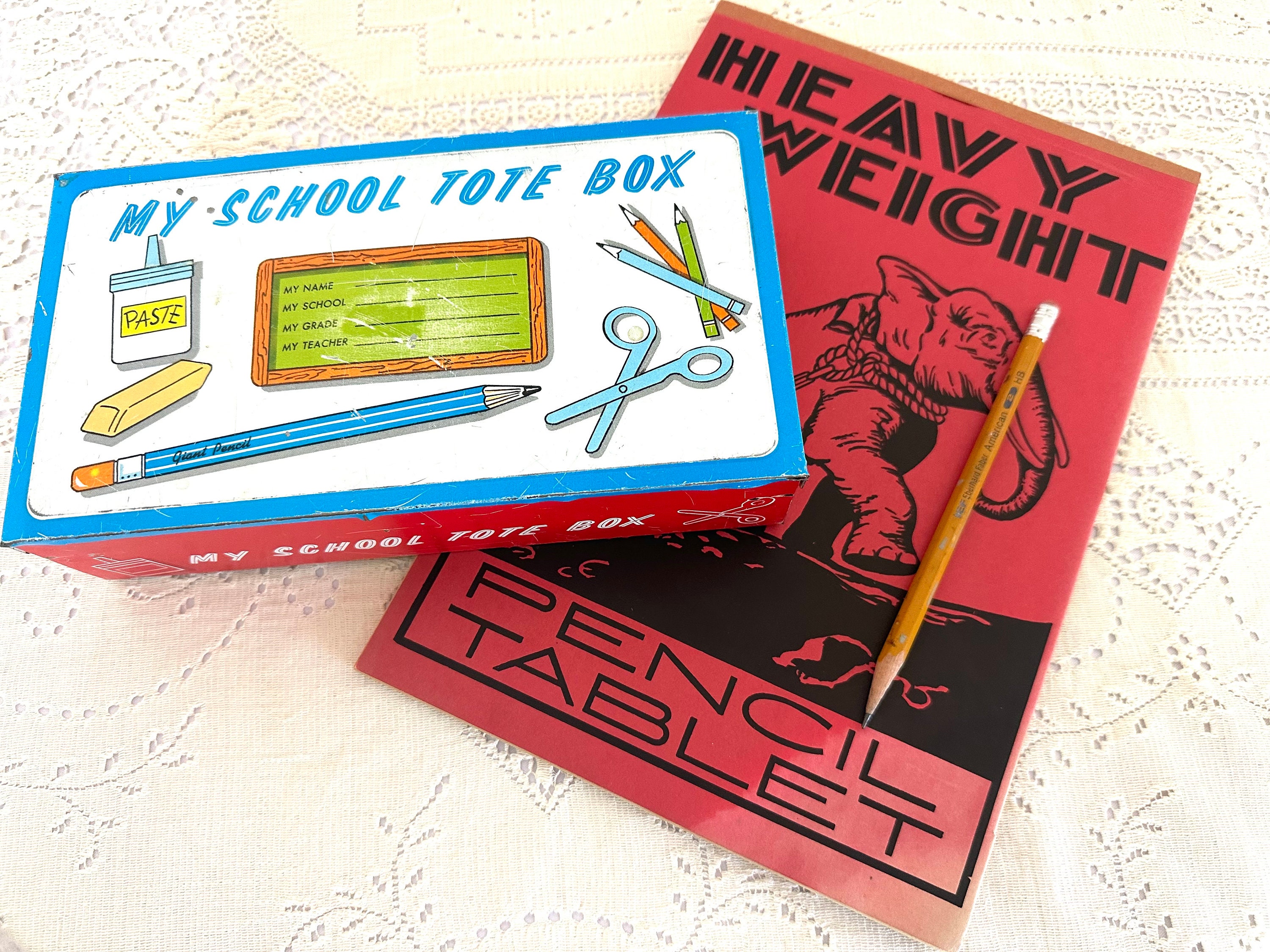 Vintage School Supplies, Metal Tote Box and Pencil Tablet, 1960s