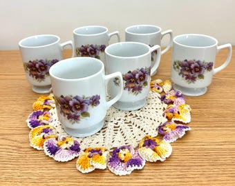 Vintage White Ceramic Pedestal Mugs with Purple Pansies, Set of Six, Signed